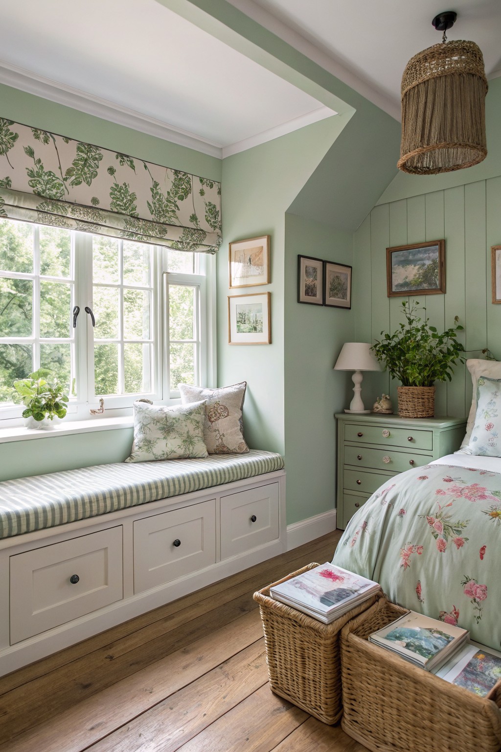 A bedroom featuring soft sage green walls with white trim and wood floors.