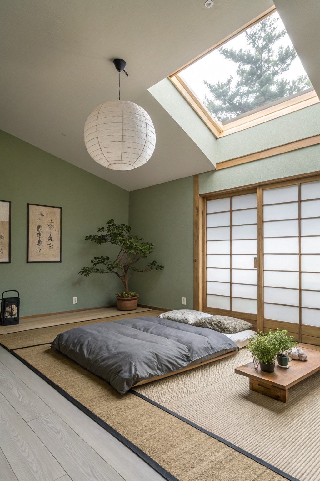 Sage green walls in a bedroom with wood trim and a skylight.