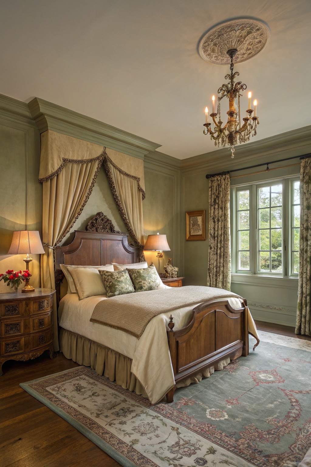 Bedroom walls painted in a soft sage green.