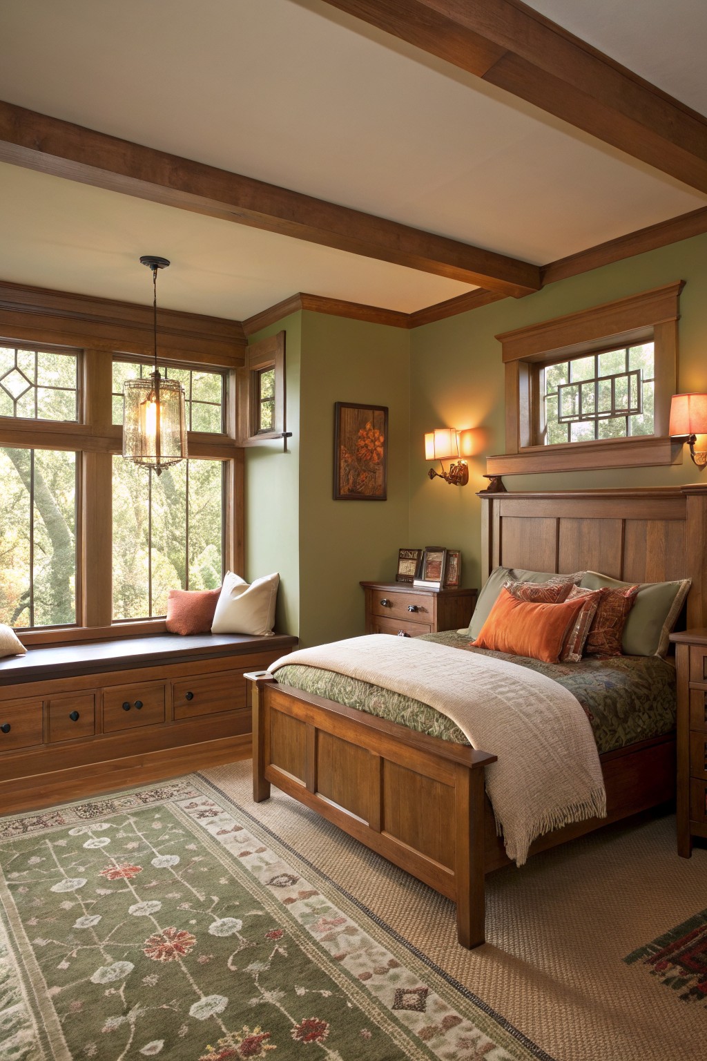 Bedroom walls painted in a soft sage green with wood trim and built-in window seating.