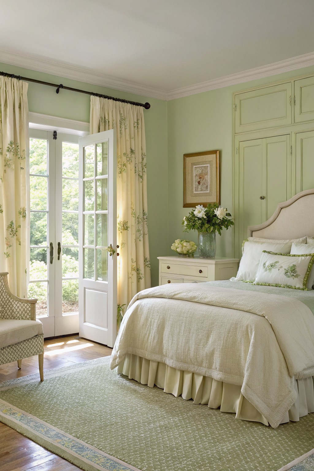 Bedroom walls painted in soft sage green with white trim and doors.
