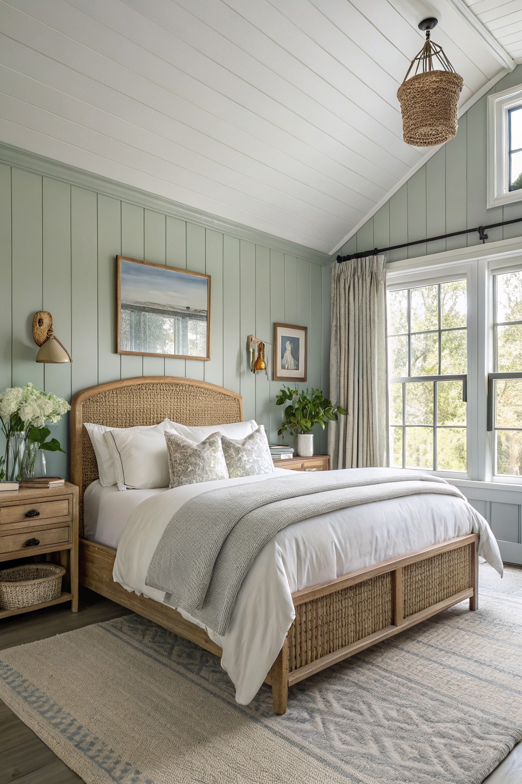 Bedroom walls painted in a soft sage green.