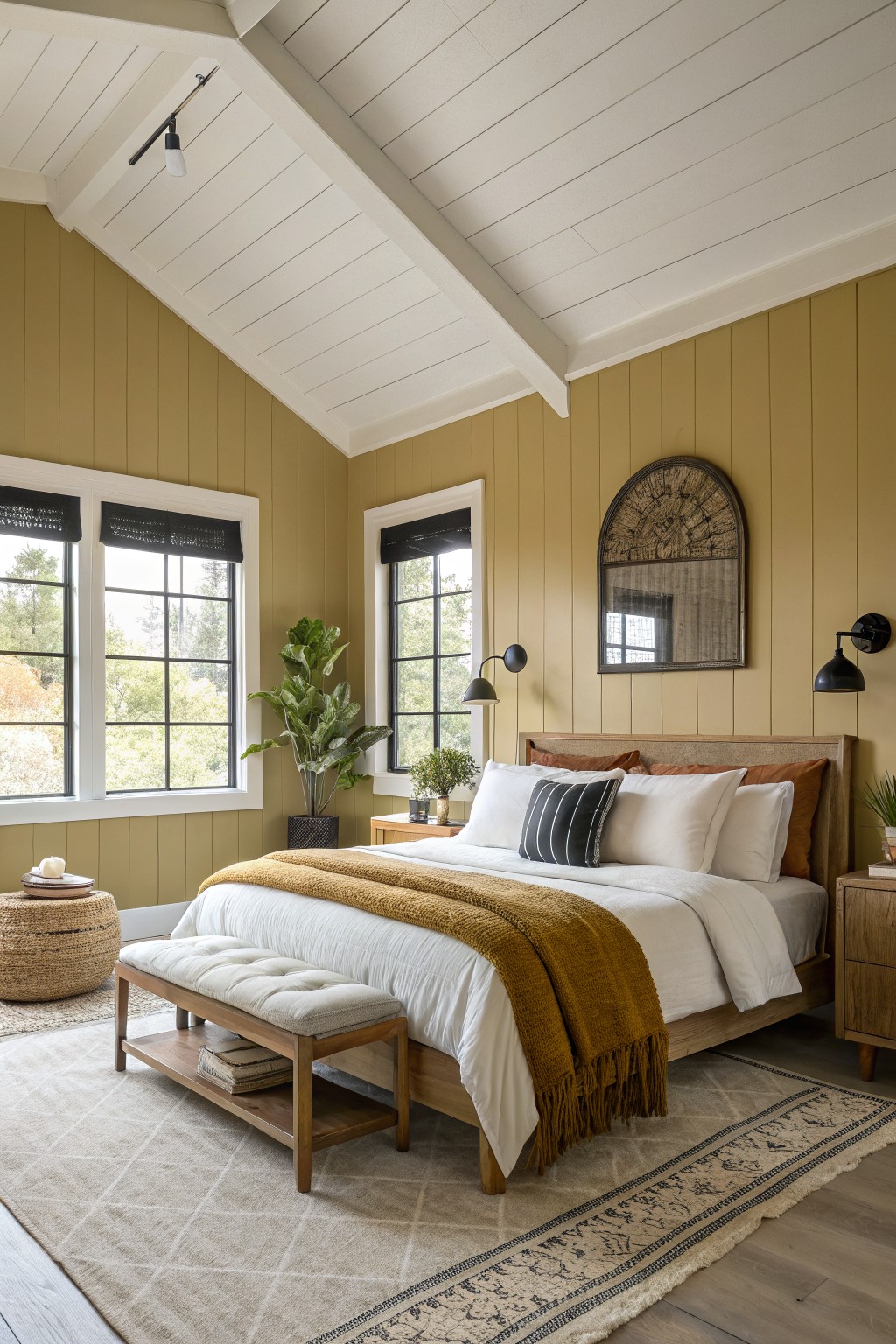 A bedroom with warm olive green walls and wood trim.