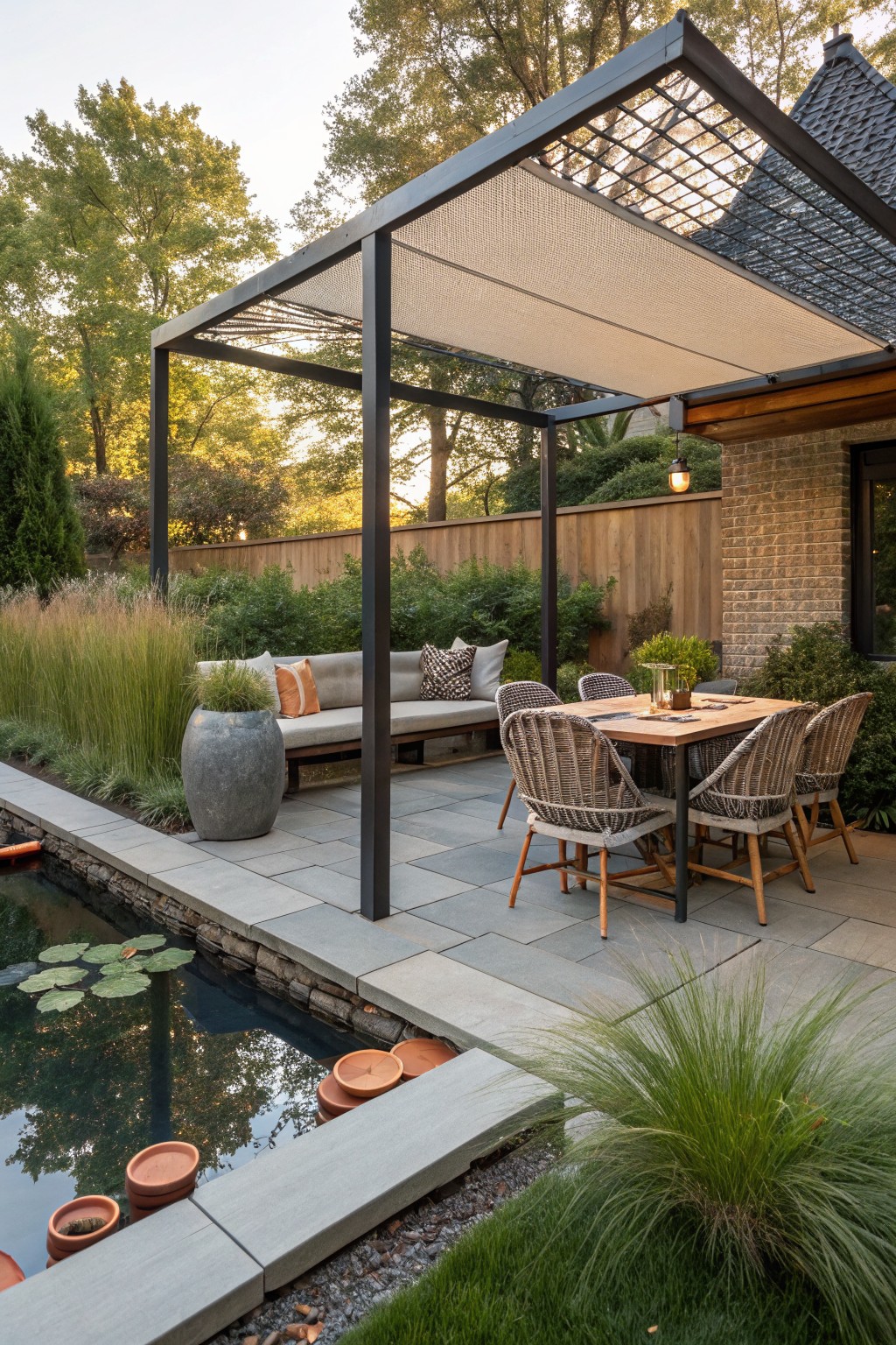 A modern black pergola with a light mesh shade covers a wooden dining table and woven chairs on a stone patio next to a small pond with plants.