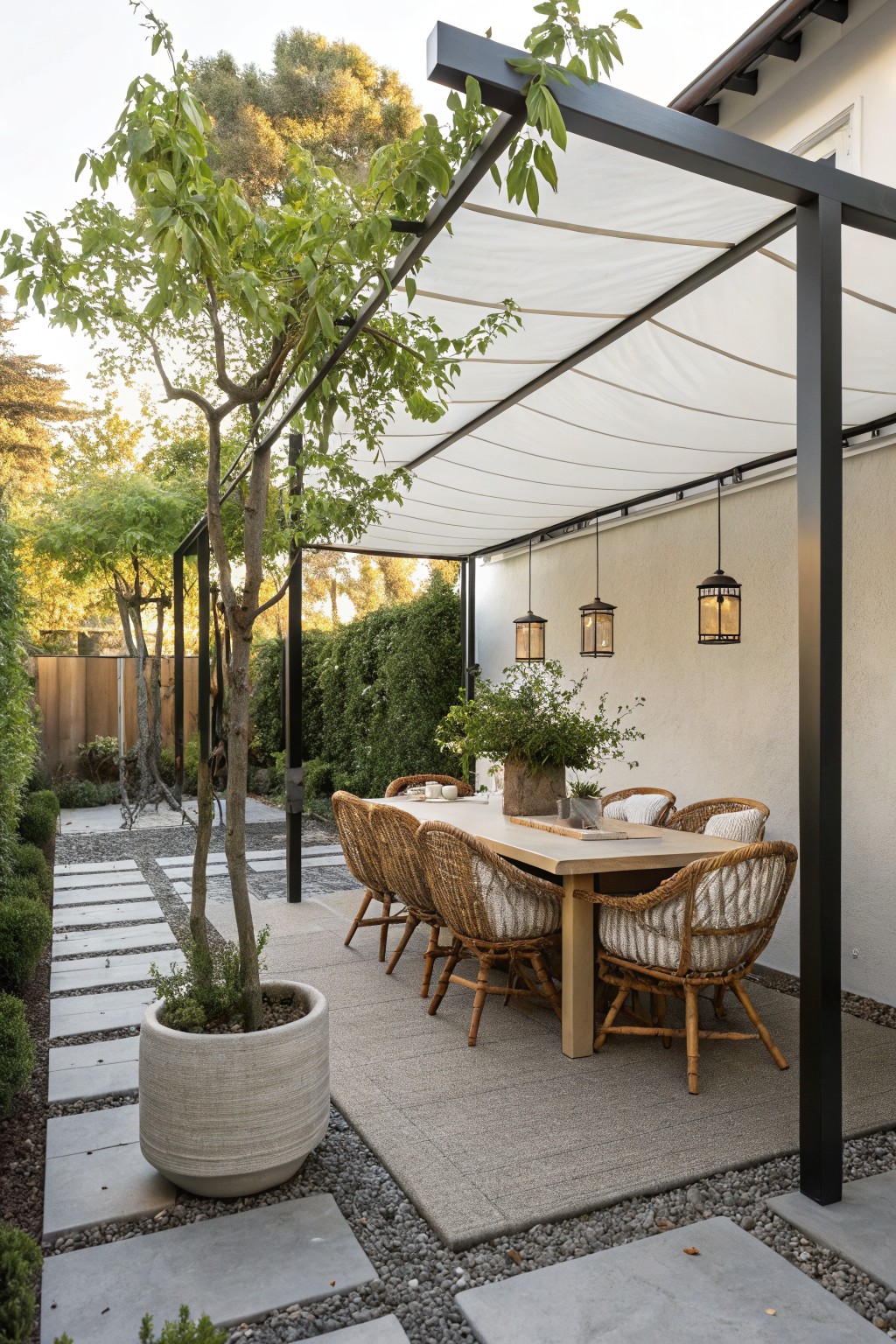 An outdoor dining area under a black metal pergola with a white fabric shade, showing a wooden table surrounded by woven chairs and three hanging lanterns.