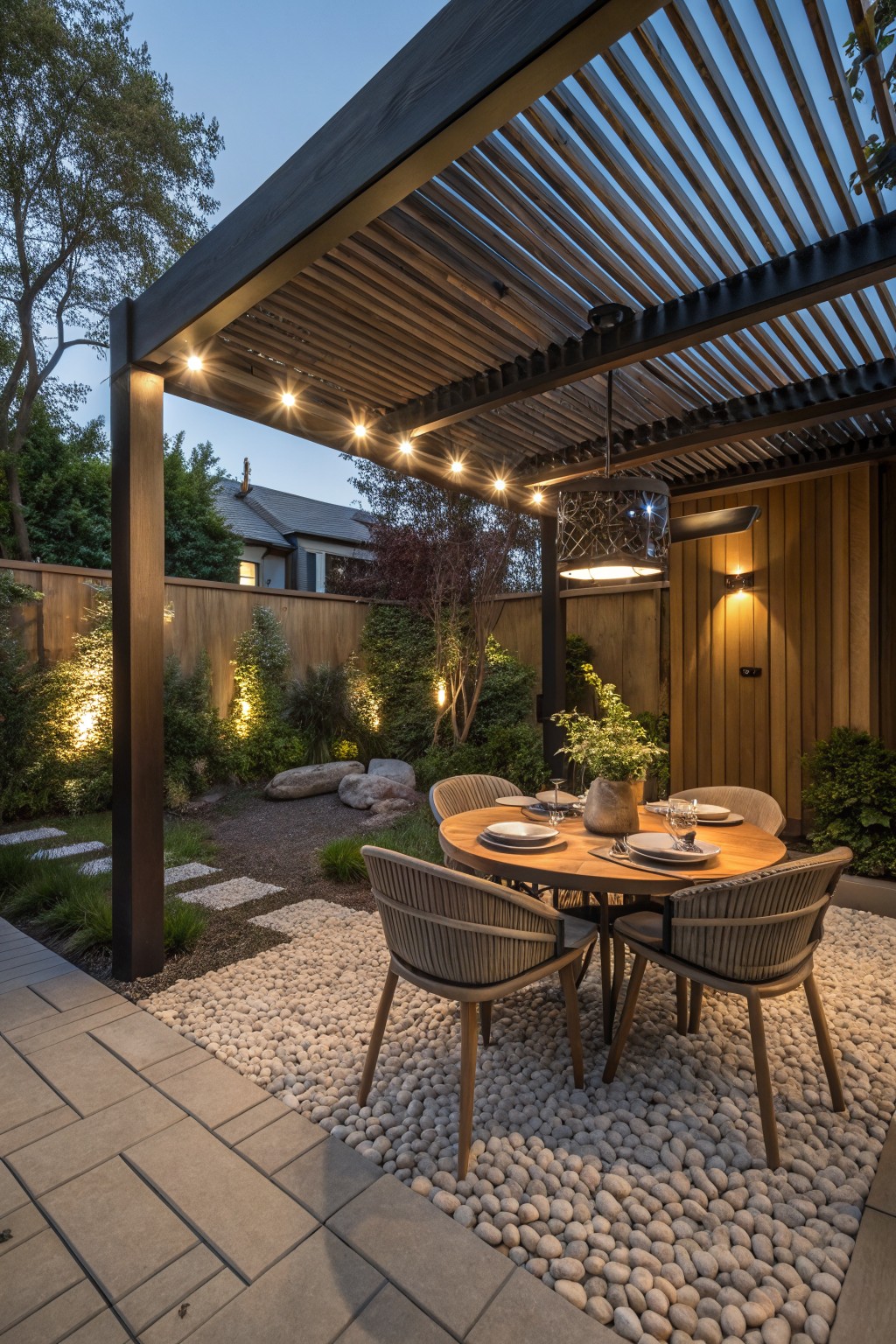 A modern wooden pergola with string lights and a hanging pendant over a round dining table on a gravel patio, surrounded by plants and a wooden fence.