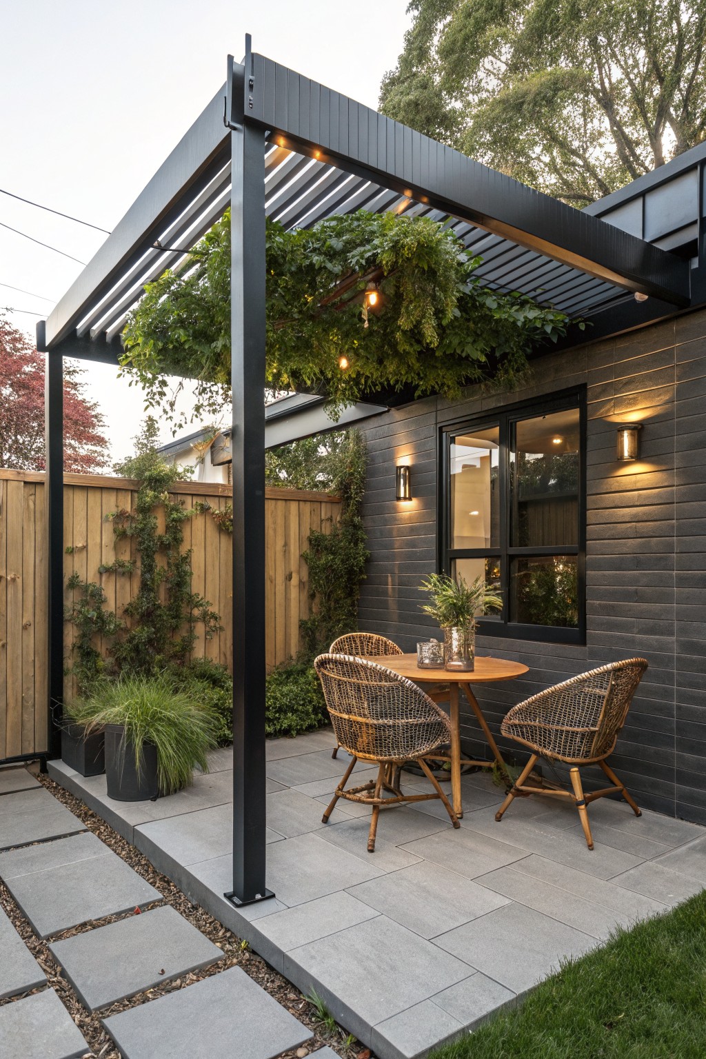 A black metal pergola with climbing green vines over a paved patio, featuring a round wooden table and two woven chairs beside a dark-sided house.