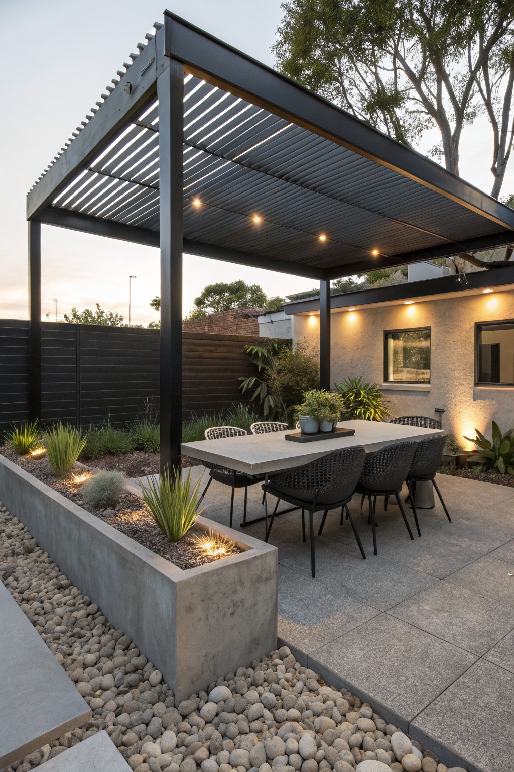 A modern black metal pergola shades a concrete dining table and black woven chairs on a gray stone patio, with a long concrete planter filled with plants and ground lights running along one edge beside pebble ground cover.