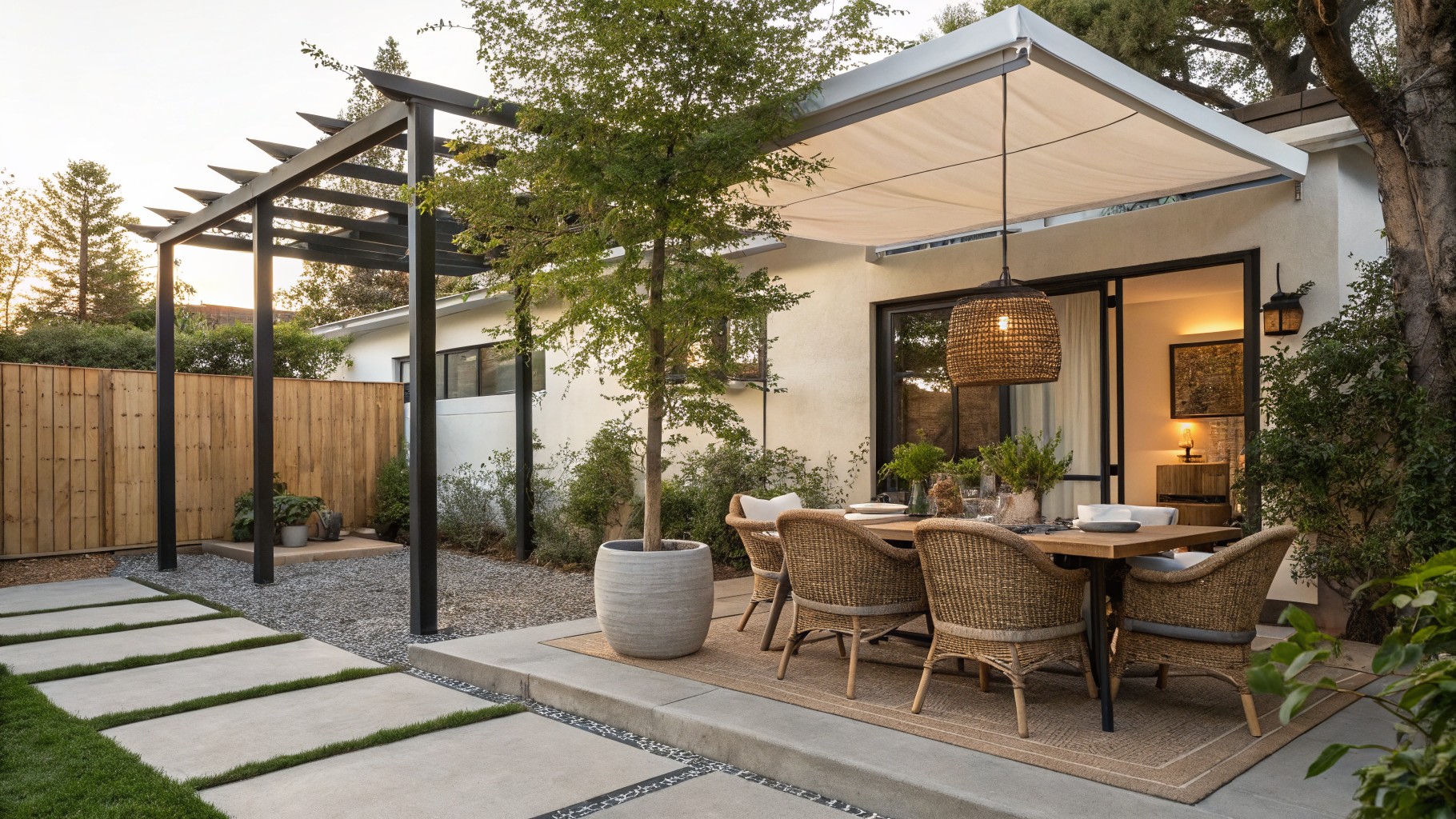 An outdoor dining area under a black metal pergola with a white fabric shade, showing a wooden table surrounded by woven chairs and three hanging lanterns.