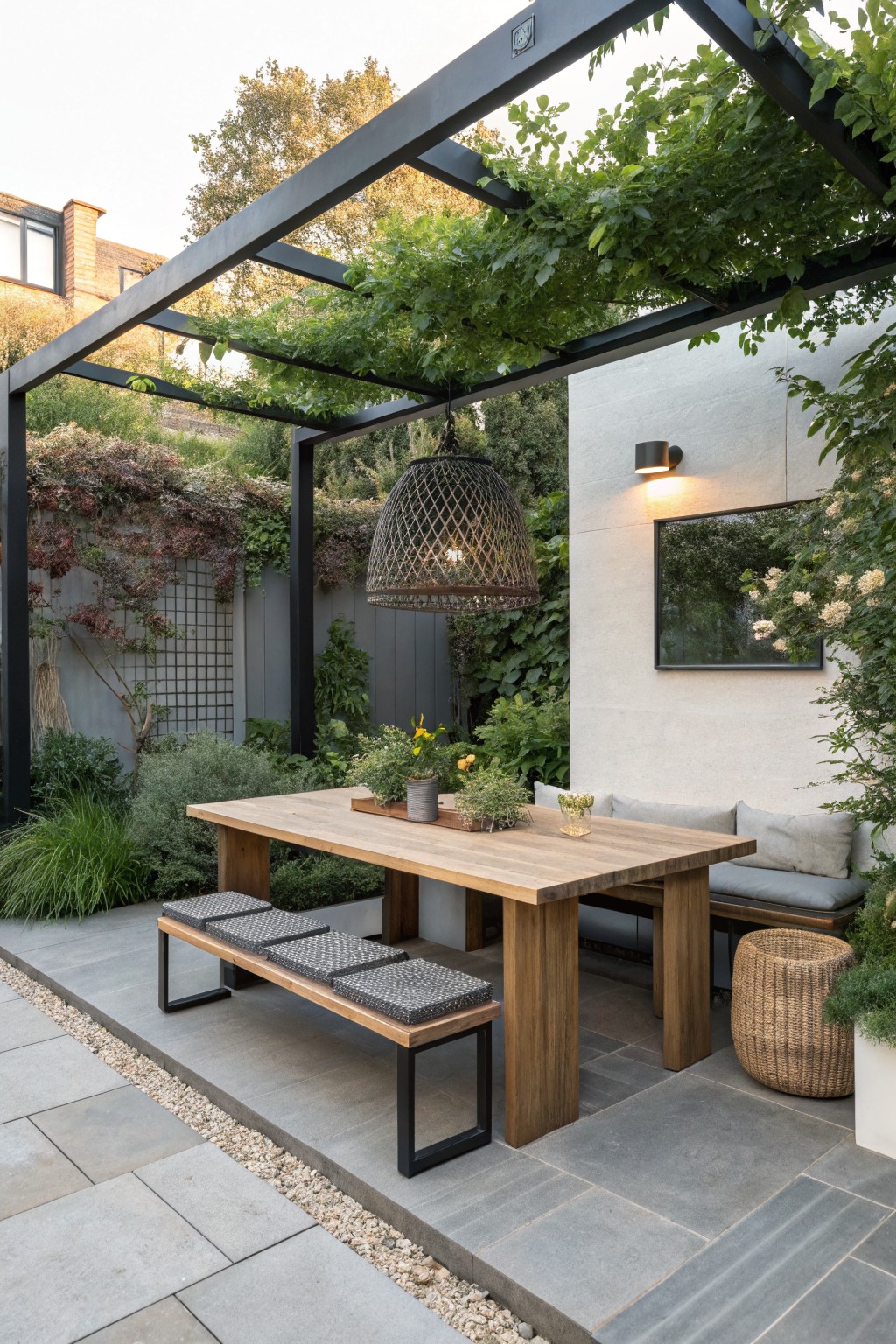A wooden dining table and bench sit under a black metal pergola covered in green vines in a paved backyard.