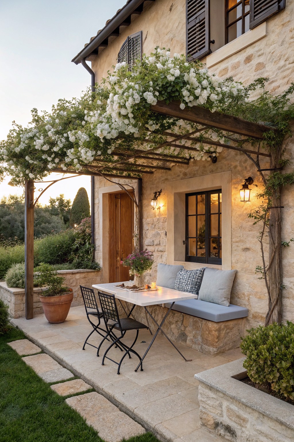 Stone house exterior with a wooden pergola draped in white flowering vines over a patio dining table and built-in bench.