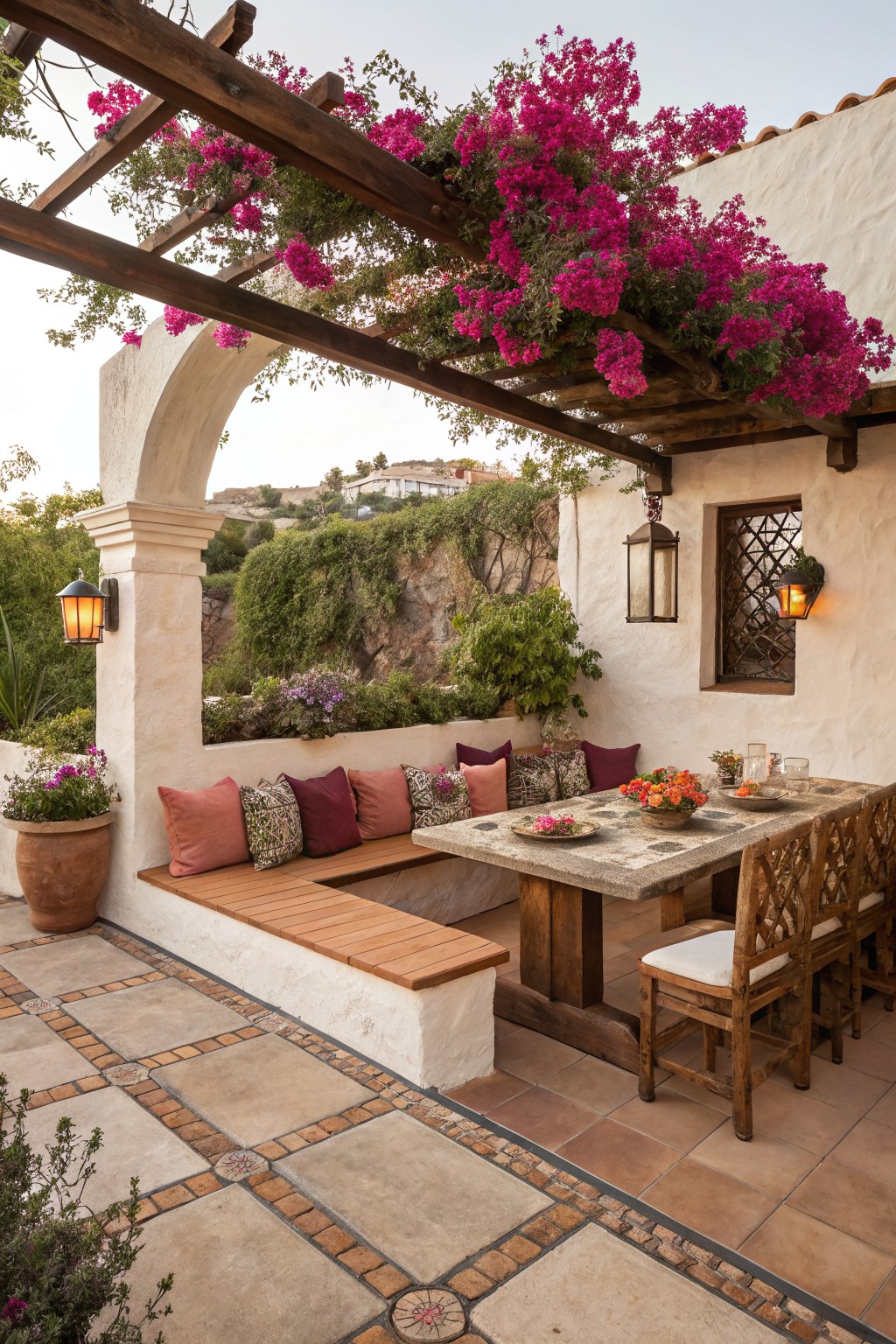 A wooden pergola covered in magenta flowering vines shades a stone dining table and built-in bench on a tiled patio beside white stucco walls.