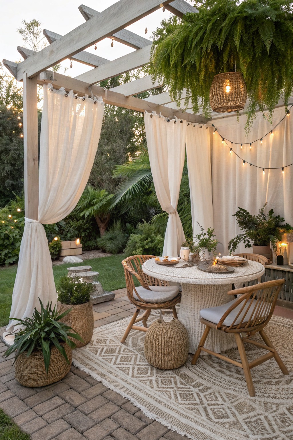 A wooden pergola draped with white curtains, furnished with a round table, wicker chairs, potted plants, and string lights on a backyard patio.