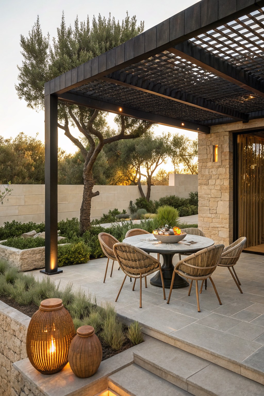A dark metal pergola with lattice roof covers a round dining table and four woven chairs on a stone patio beside a stone wall and garden beds.