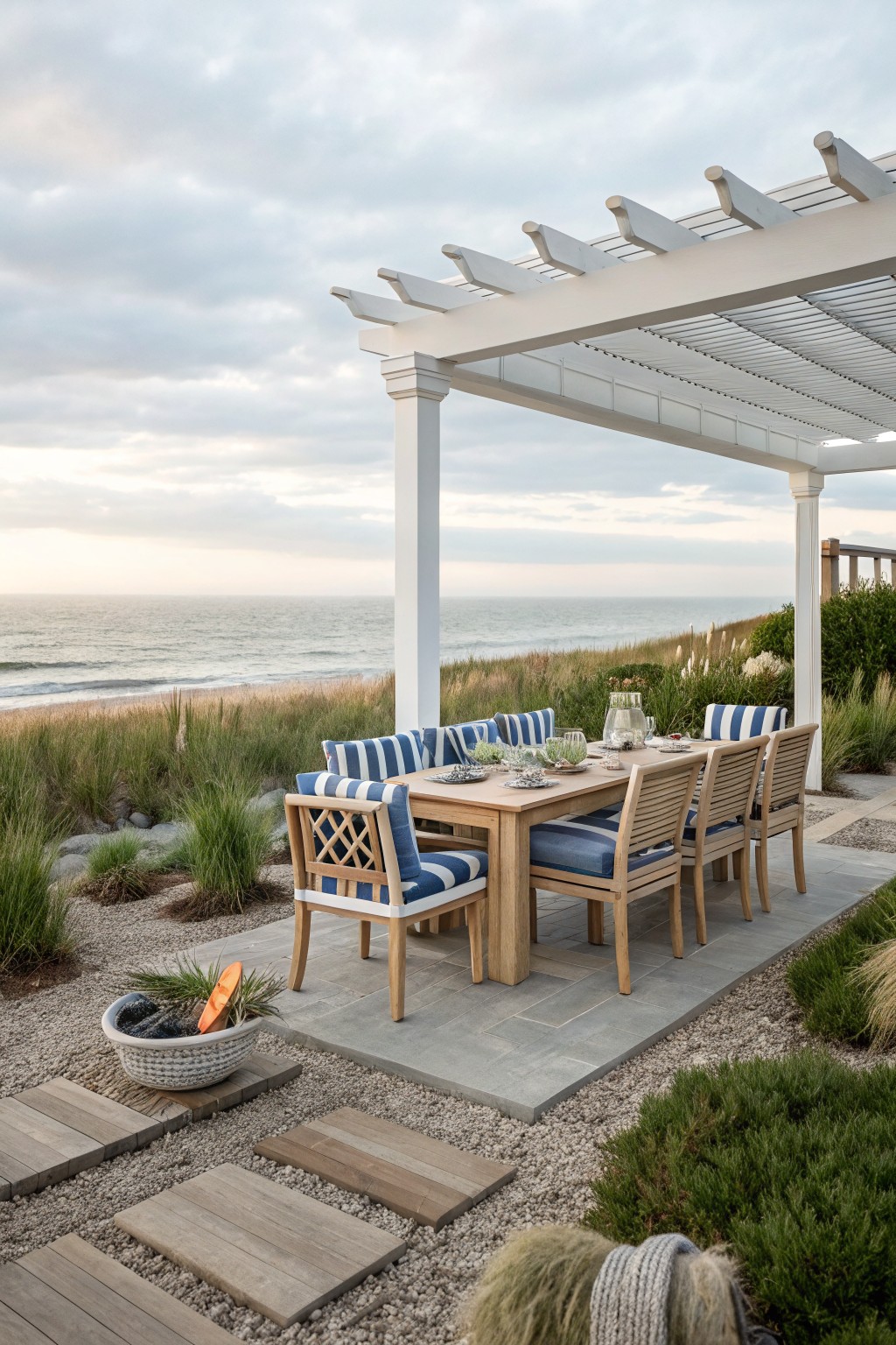 A wooden dining table and chairs with blue striped cushions sit under a white pergola on a stone patio beside the ocean.
