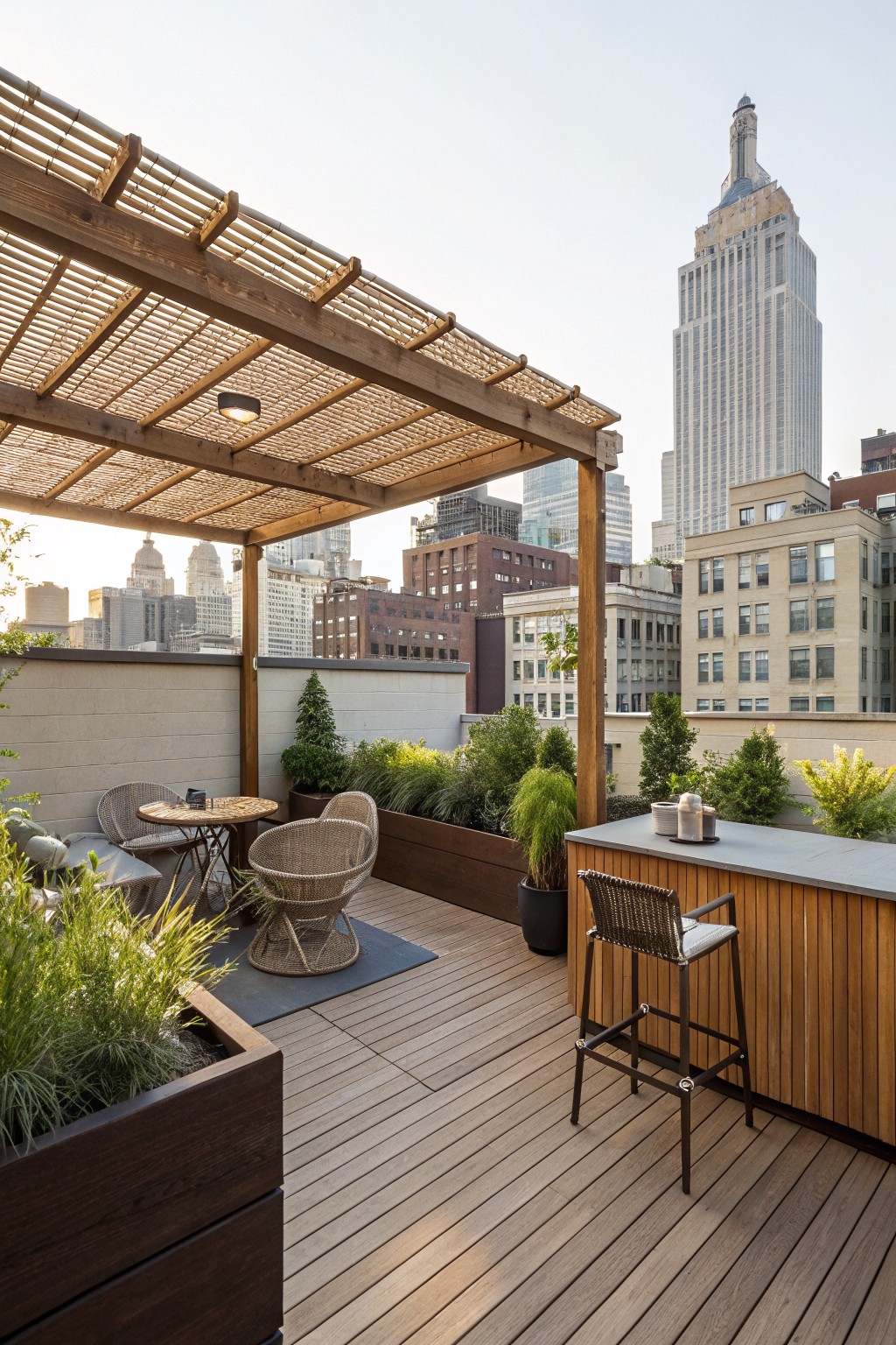 A wooden pergola shades a rooftop deck with wicker seating, a small table, and a bar counter with stools, surrounded by plants and city buildings.