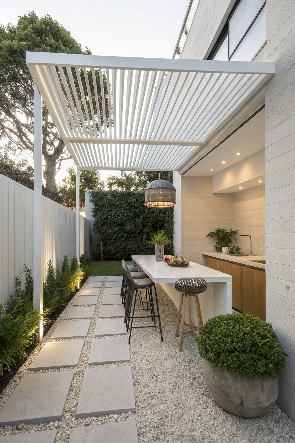 A white slatted pergola covers a long white dining island with stools on gravel, next to a concrete wall and outdoor kitchen.