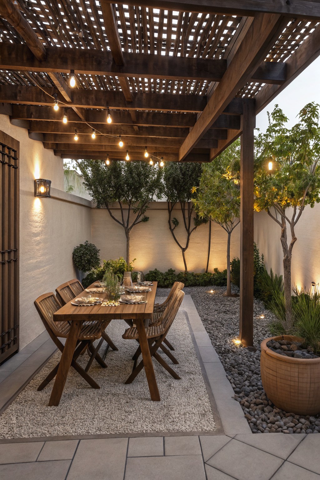 Rustic wooden dining table set under string-lit pergola in garden patio