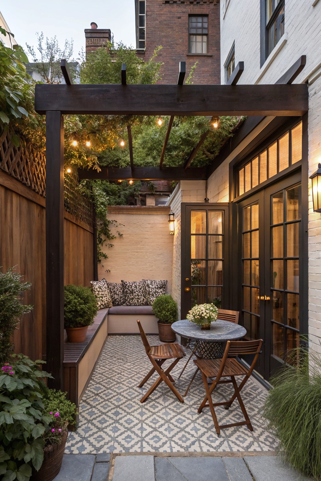 A small urban backyard patio under a dark wooden pergola strung with lights, featuring a built-in bench with patterned cushions, a round stone dining table with wooden folding chairs, and climbing vines overhead.