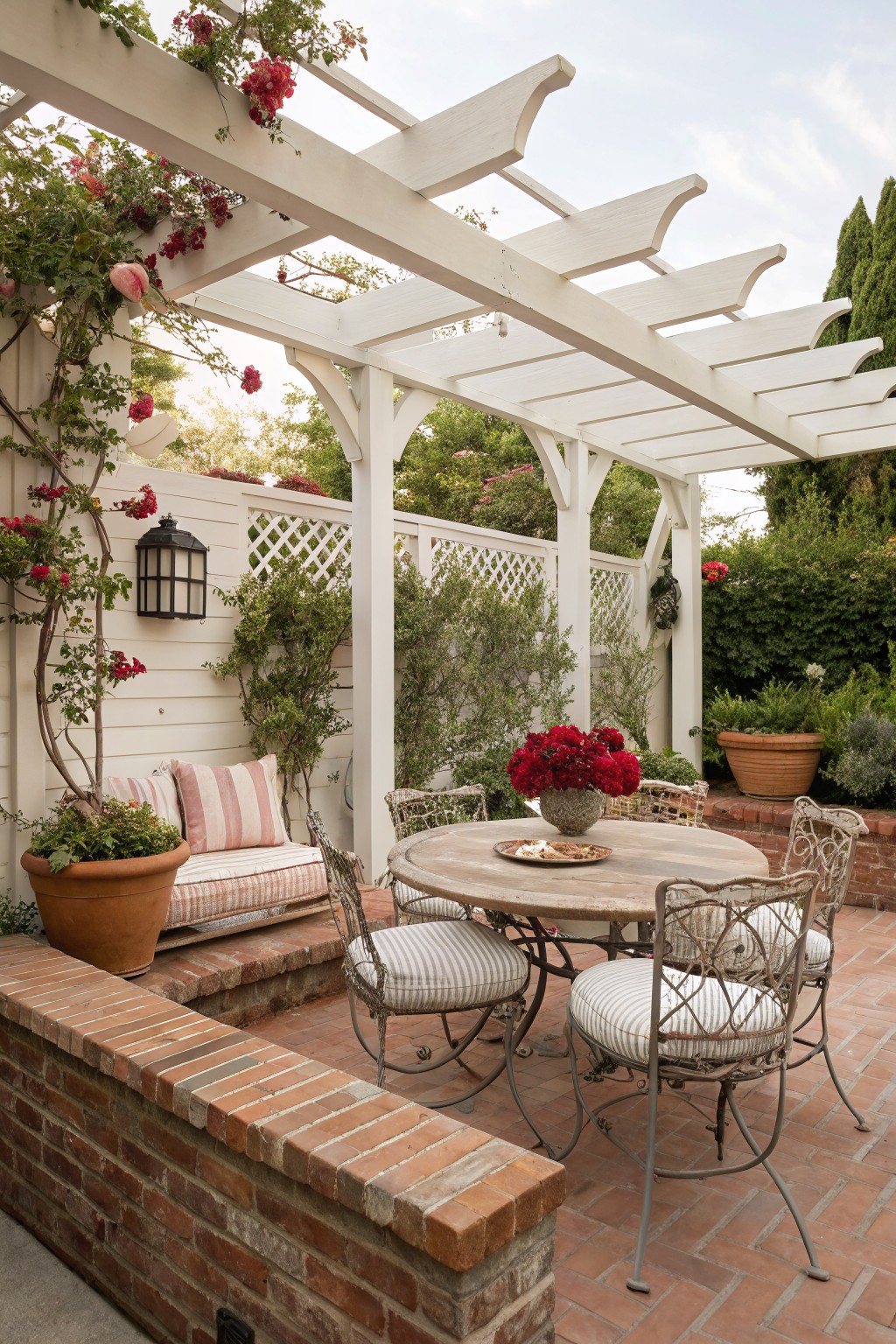 White pergola shades brick patio with round table, red roses, and striped chairs.
