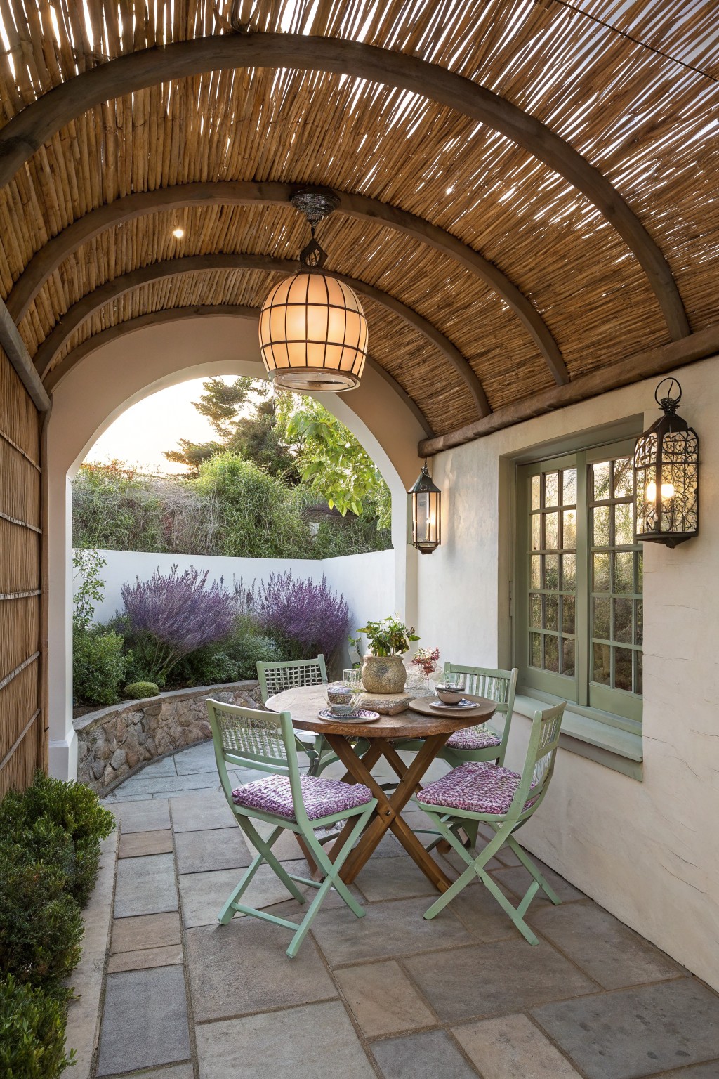 A round wooden dining table with four green chairs sits on a stone patio beneath a curved thatched pergola, with an open archway showing garden plants beyond.