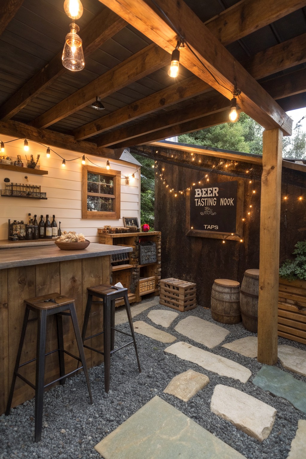 An outdoor bar area under a wooden deck with a long counter, stools, barrels, crates, and string lights.
