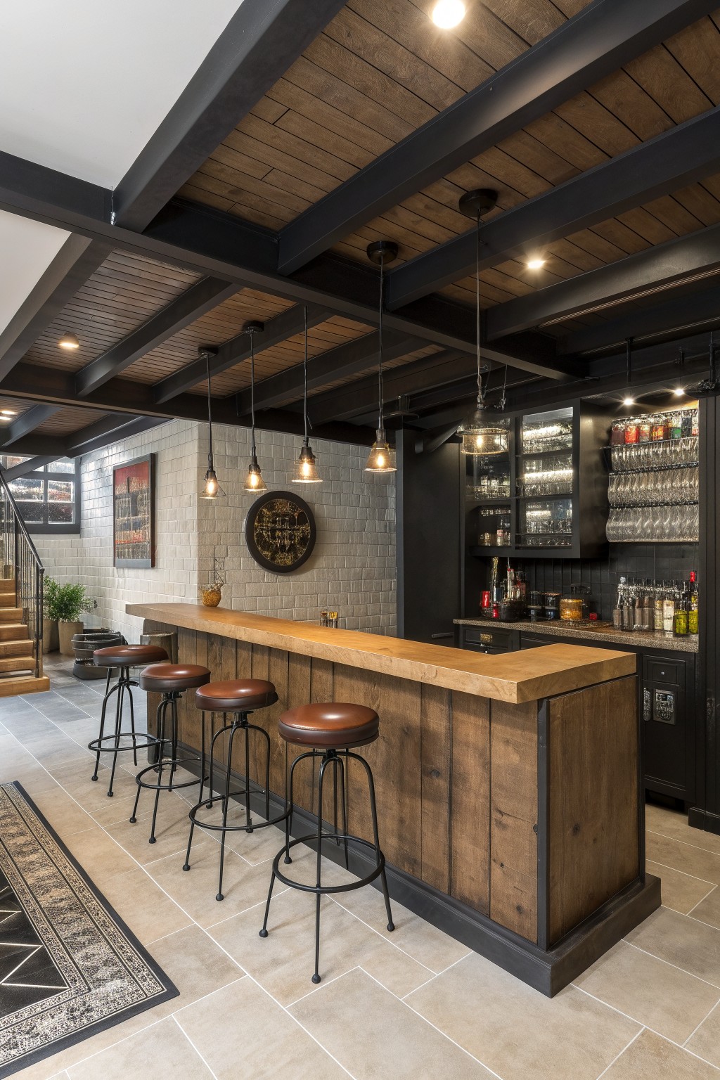 Rustic wooden bar with brown leather stools, pendant lights, and dark beams.