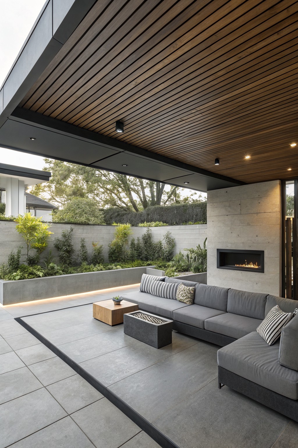 An under-deck outdoor space with a gray L-shaped sectional sofa facing a built-in linear fireplace on a concrete wall, wooden ceiling slats above, and a tiled floor with a wooden side table.