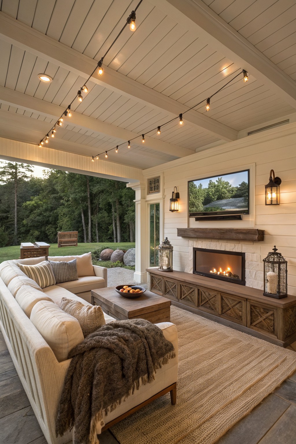 A covered outdoor living space with a large sectional sofa, coffee table, area rug, and a stone fireplace with a TV mounted above it under string lights.