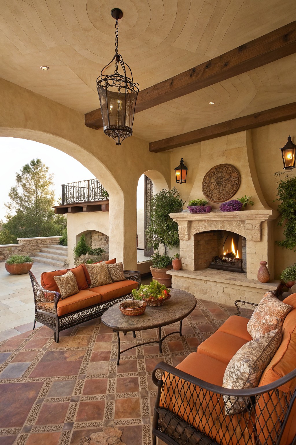 Spanish-style patio with orange sofas, stone fireplace, and hanging lantern.
