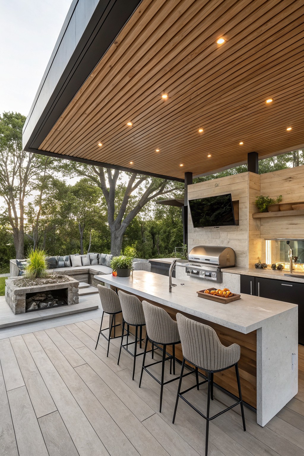 Outdoor kitchen beneath a wooden deck ceiling with a long concrete island, four bar stools, built-in grill, wall-mounted TV, and nearby stone fire pit overlooking trees.