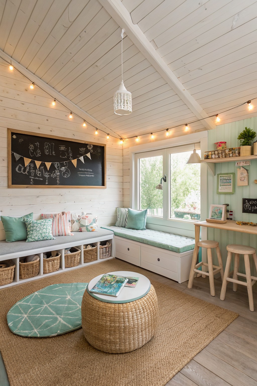 Interior of a white wooden room with a large chalkboard on one wall, built-in bench seating with cushions along two walls, string lights on the ceiling, and a round woven ottoman in the center.