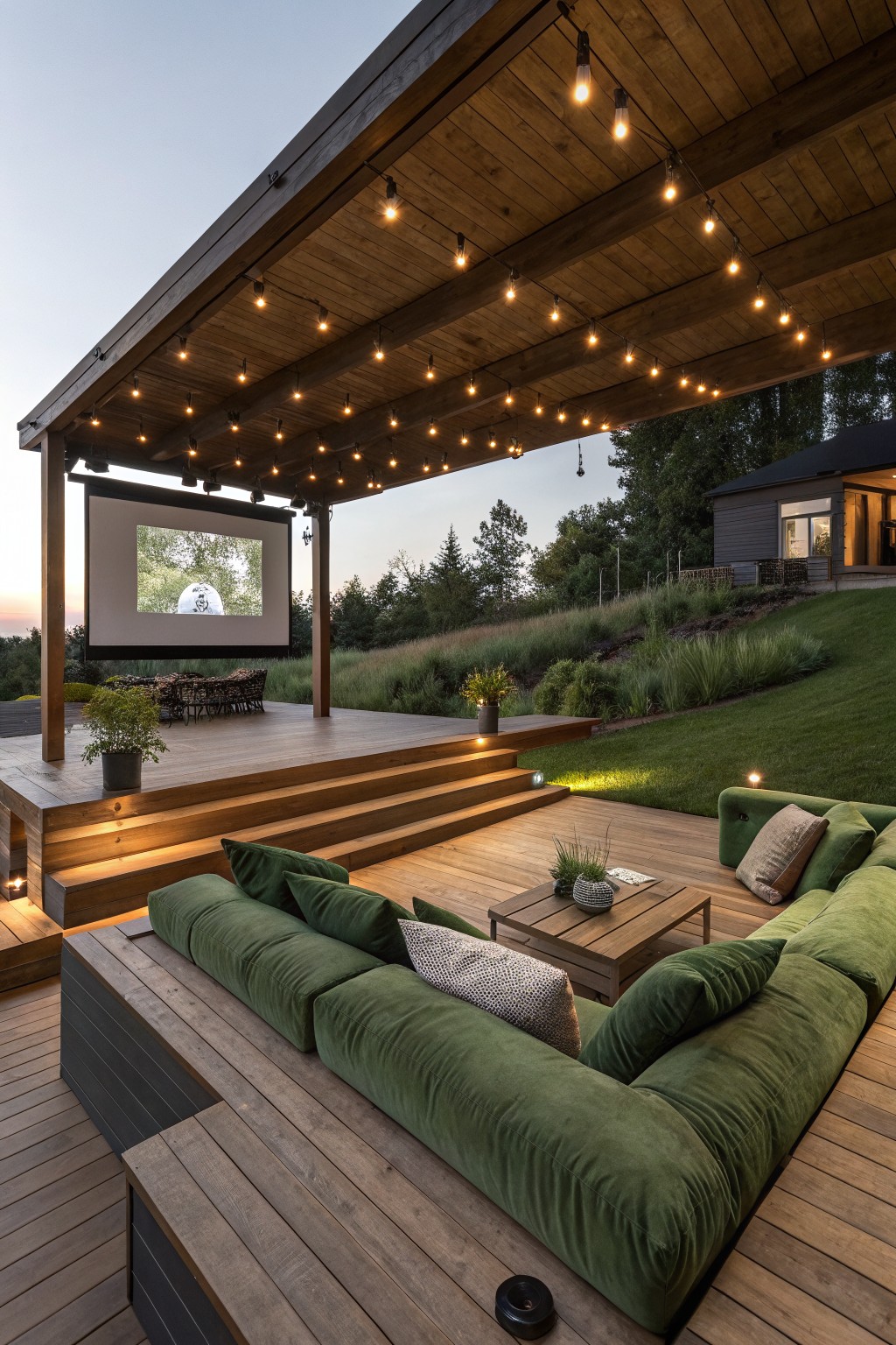 A covered wooden deck with a large green sectional sofa, string lights on the ceiling beams, a projector screen on the left, and steps leading down to a lawn.