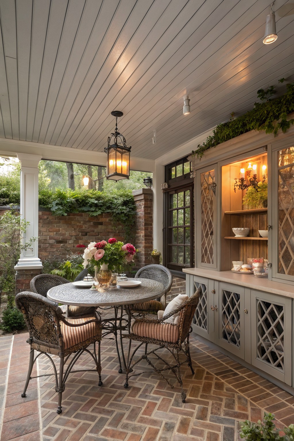 A covered outdoor patio with a round metal dining table, wicker chairs, and a long gray built-in cabinet with glass doors and open shelves along the right wall.