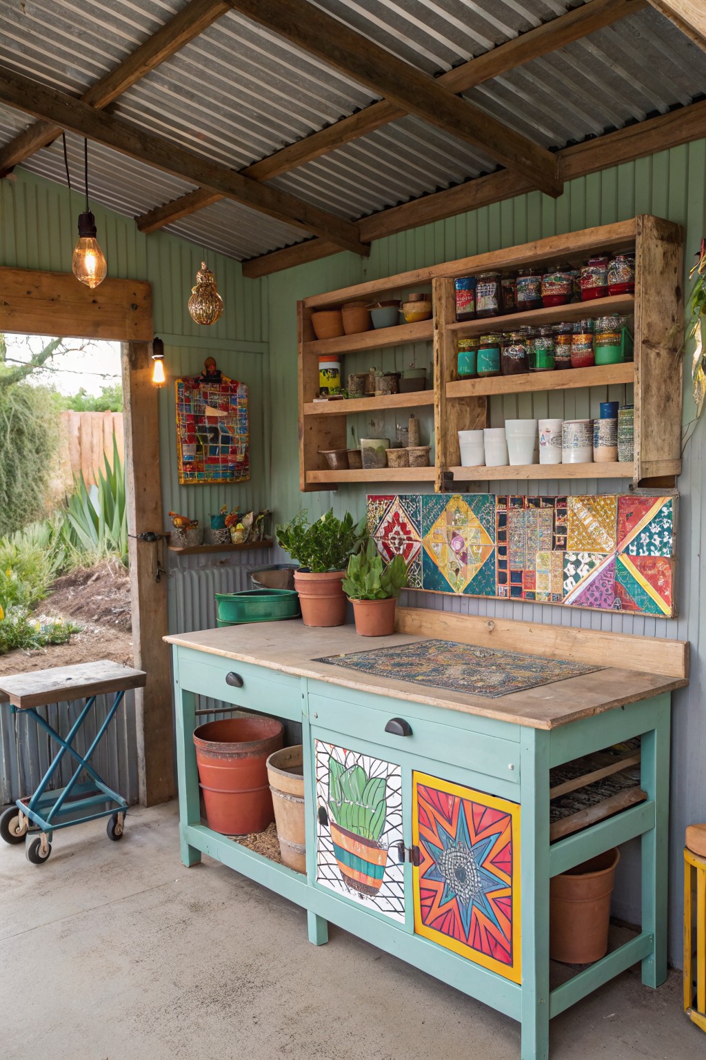 A turquoise wooden workbench with colorful cabinet doors sits under a covered deck area, surrounded by shelves holding jars, pots, and gardening supplies, with an open view to a garden outside.