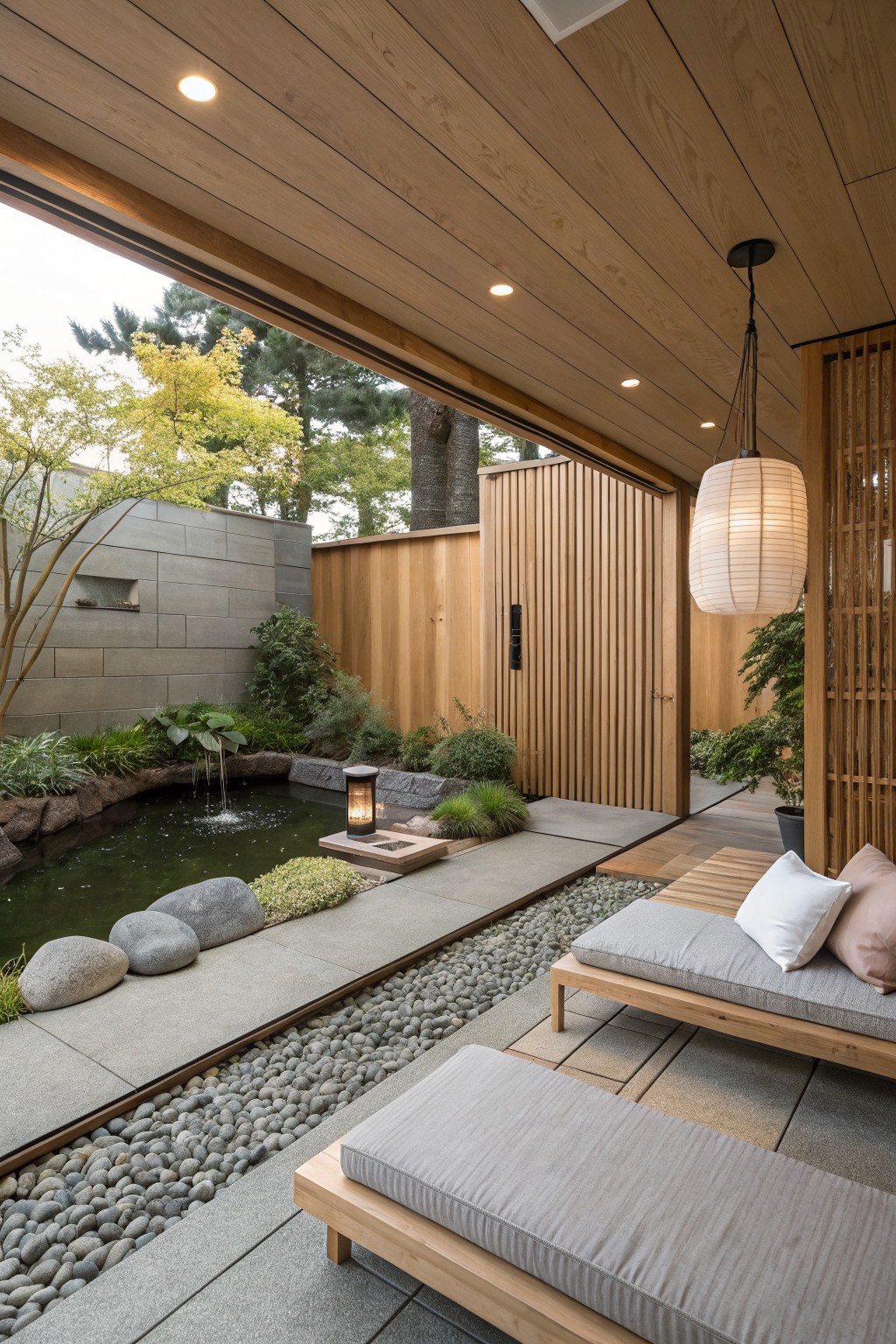 Covered outdoor space under a wooden deck with two low wooden daybeds, a hanging paper lantern, and a small pond edged with rocks and plants.