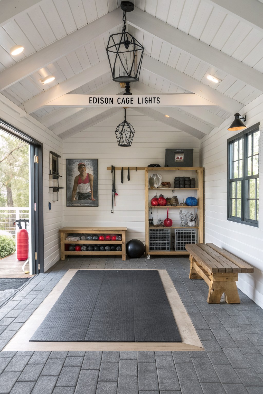 An indoor home gym with white walls, a large gray floor mat, wooden open shelving holding exercise equipment, and a wooden bench along one wall.