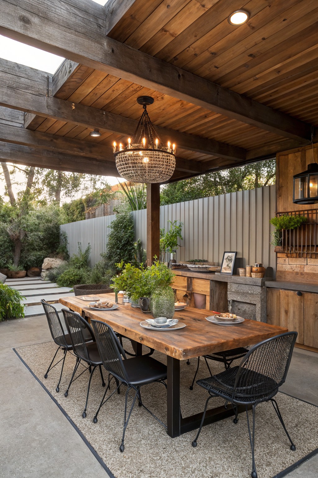 A long wooden dining table with black wire chairs sits under a covered deck with a crystal chandelier overhead and an outdoor kitchen area to the side.