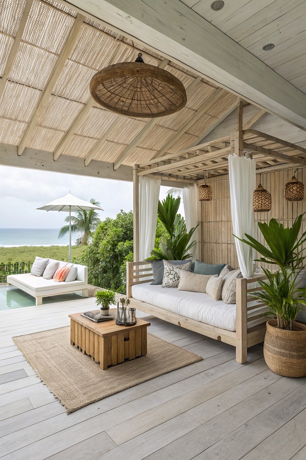 An outdoor covered deck features a wooden daybed with white curtains, a coffee table on a rug, potted plants, and an ocean view in the background.