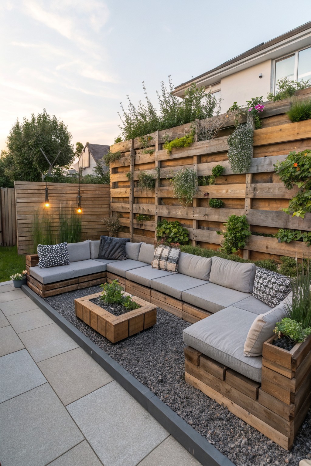 A backyard patio with an L-shaped wooden bench, a square fire pit on gravel, and a tall wooden privacy wall filled with green plants and flowers.