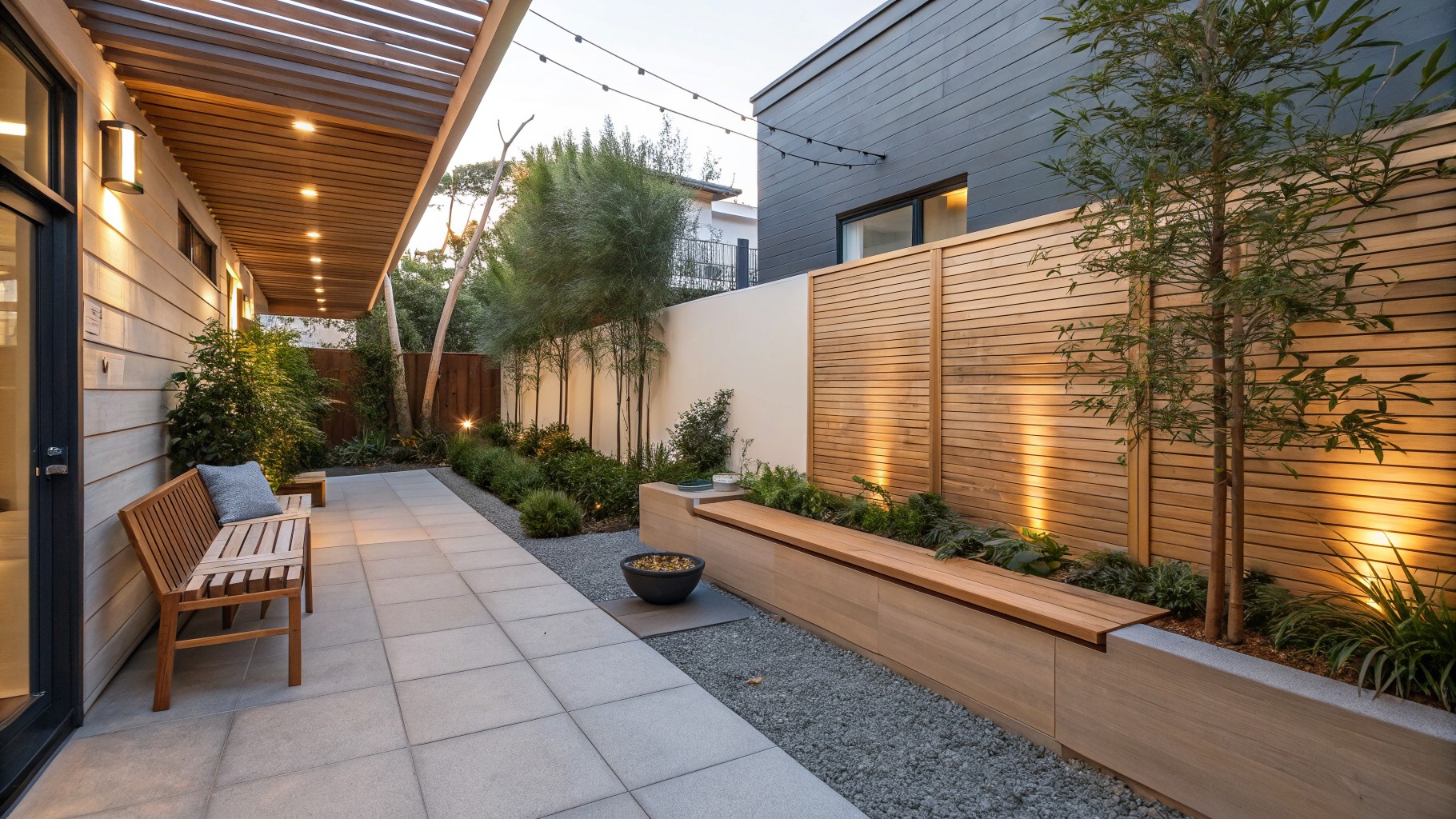 A narrow backyard walkway lined with gray pavers and gravel, featuring a long wooden bench with cushions against a tall wood wall, overhead wood beams, and various potted and ground plants.