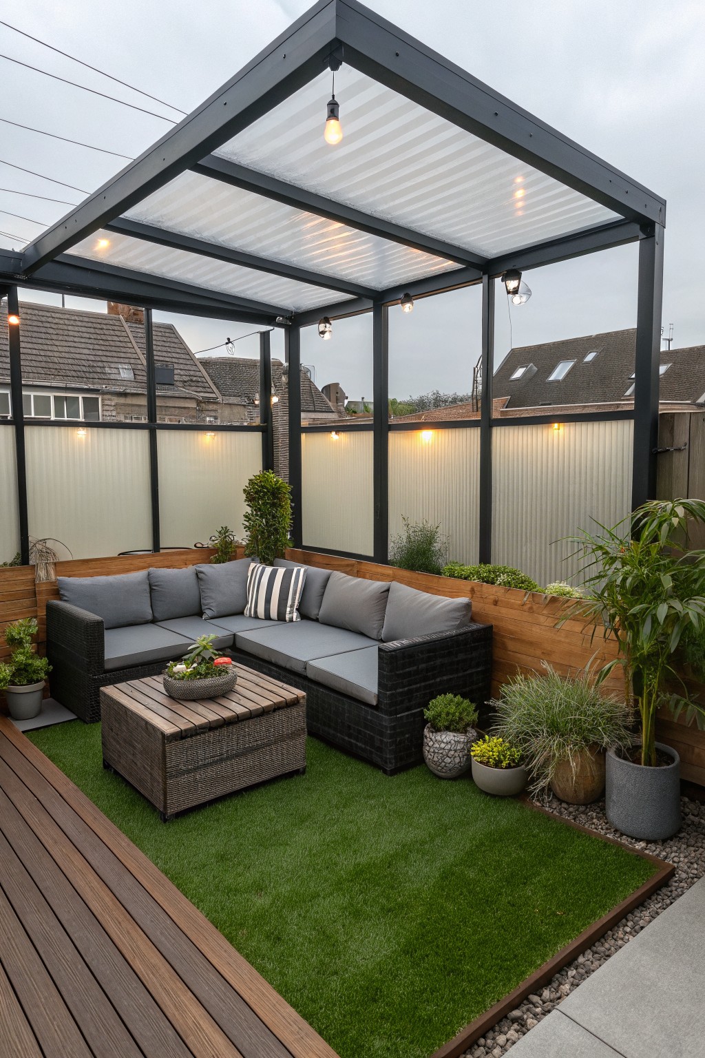 An outdoor patio enclosed by a black metal frame with a translucent roof, gray sectional sofa, wooden planters filled with greenery, and artificial turf.