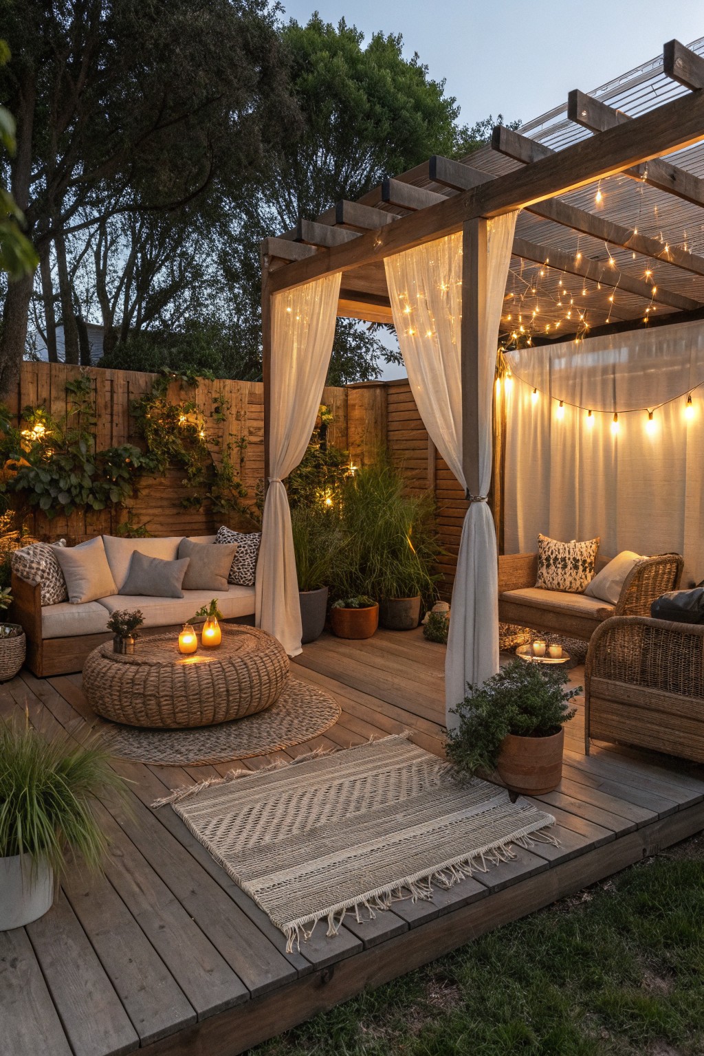 A wooden pergola on a backyard deck with sheer white curtains tied to posts, string lights overhead, woven seating, and potted plants along a fenced area.
