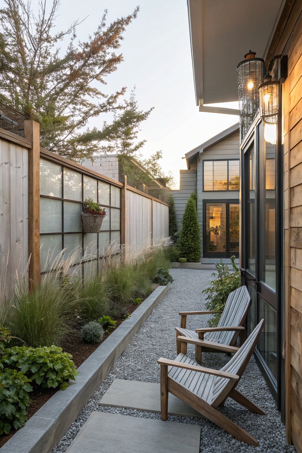 A narrow gravel path next to a house with two wooden chairs, a fence that includes glass panels, and a garden bed filled with tall grasses and low plants.