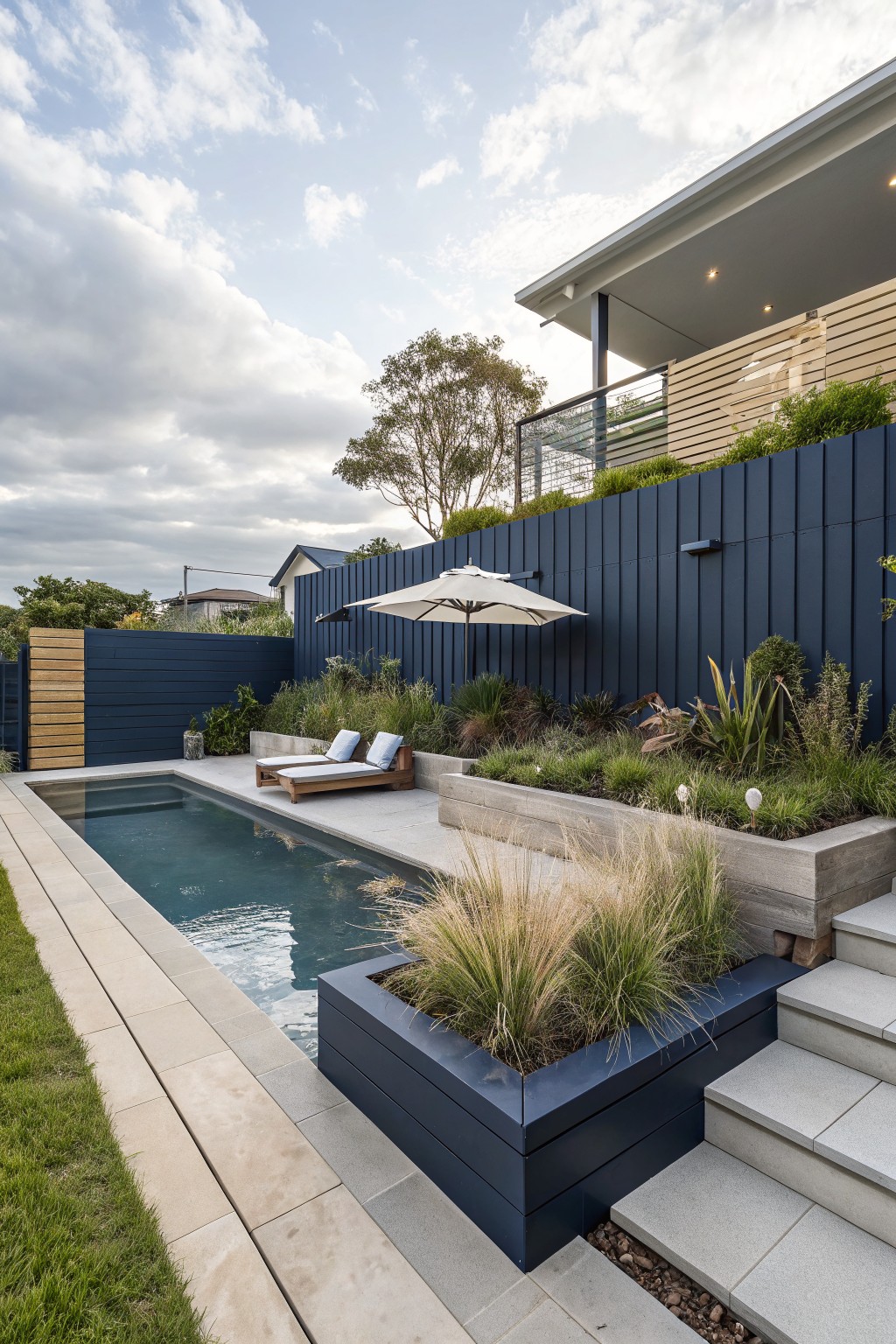 Backyard pool with dark blue fence, raised concrete planters with grasses, two lounge chairs, and a white umbrella on the patio.