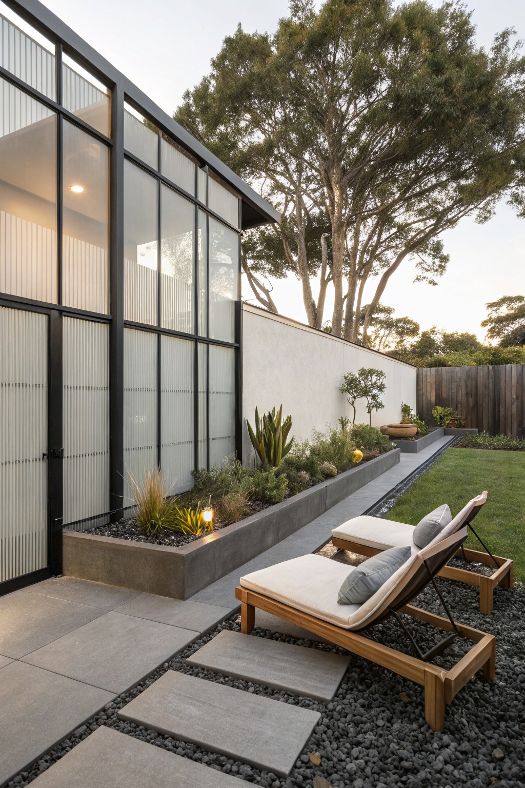 Modern patio with wooden lounge chairs beside glass house and garden beds.