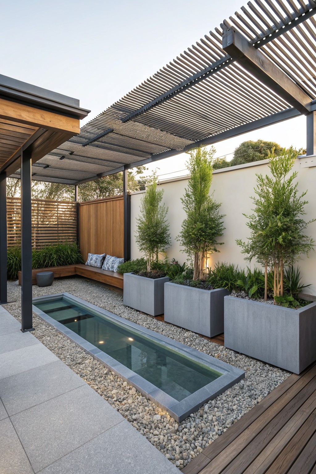 Modern courtyard with linear pool, gray planters, wooden bench, and slatted pergola.