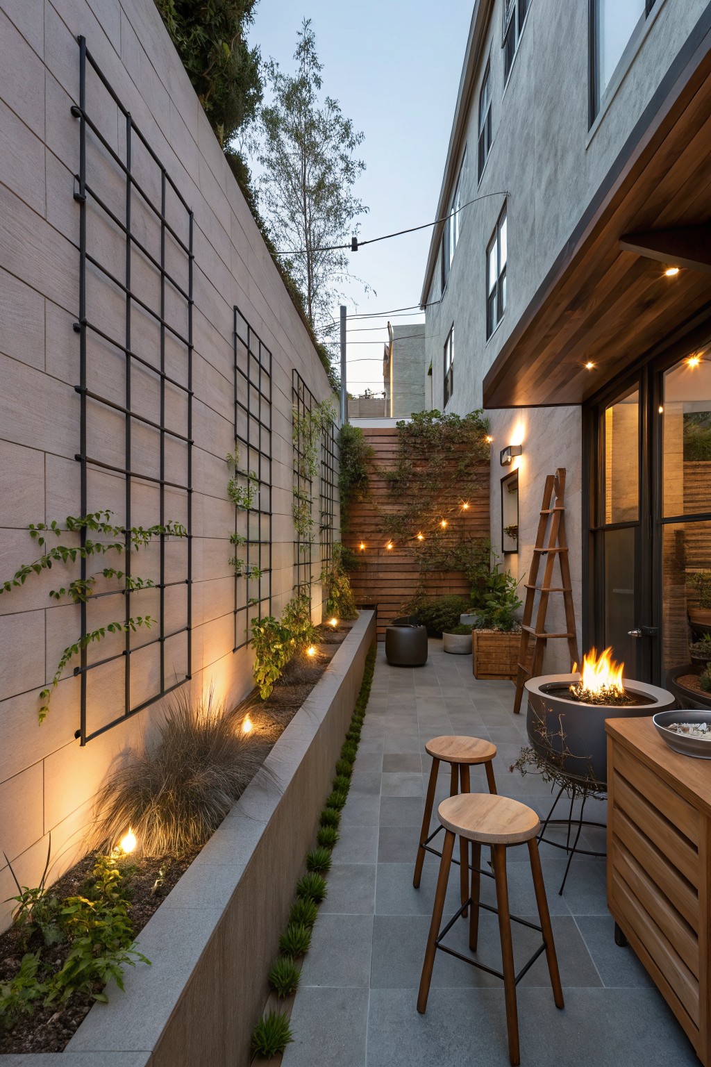 A narrow paved backyard patio with black metal trellis panels covered in vines on the left concrete wall, a round fire pit, wooden stools, and string lights.