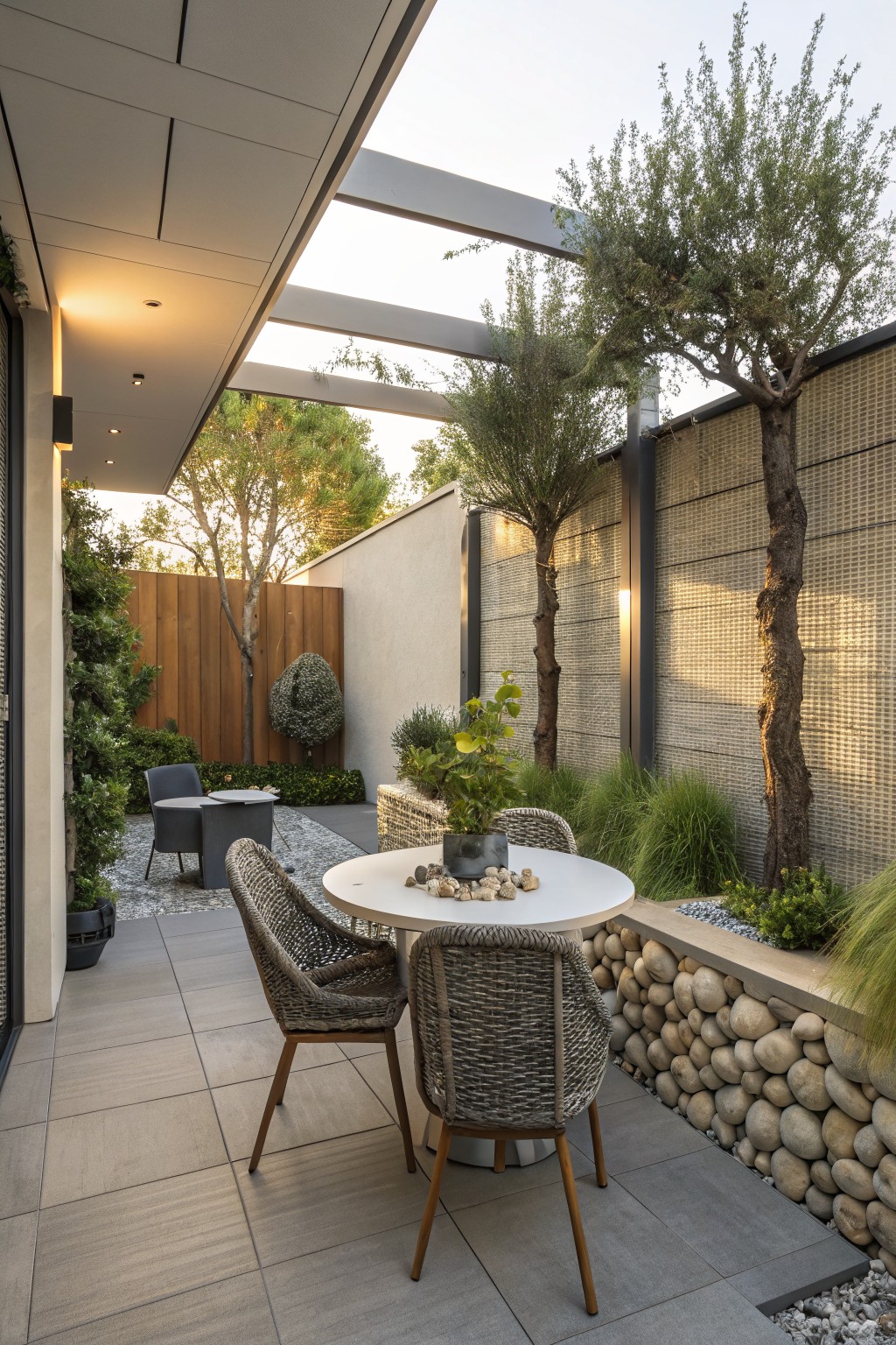 An outdoor patio with a round white table, woven chairs, a tall olive tree, and layered plants along a textured wall.