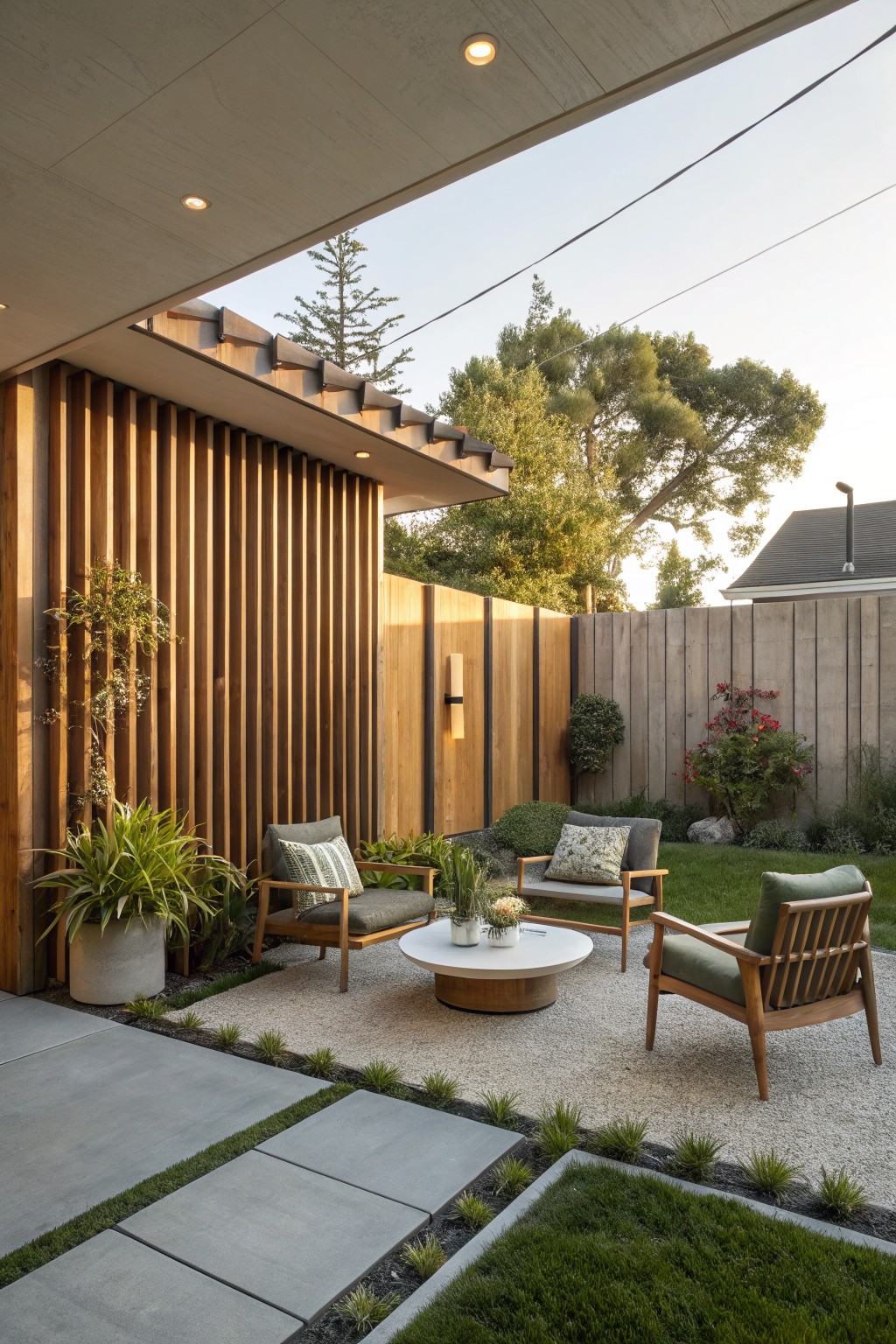 Outdoor patio with vertical wood slat screen wall, round coffee table, and three wooden armchairs on gravel beside a lawn.